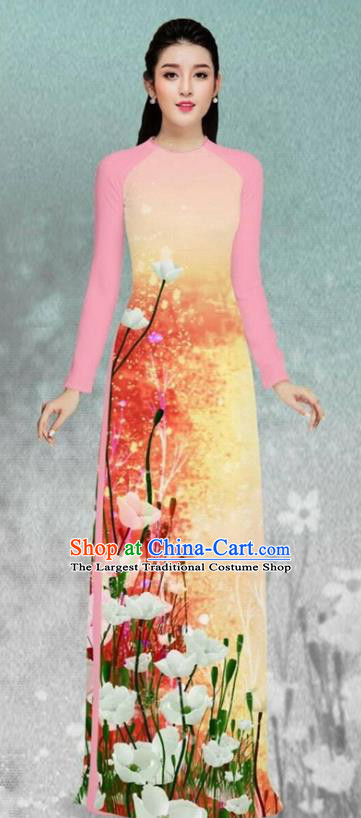 Asian Vietnam Printing Flowers Pink Cheongsam and Pants Traditional Vietnamese Costumes Classical Female Ao Dai Qipao Dress
