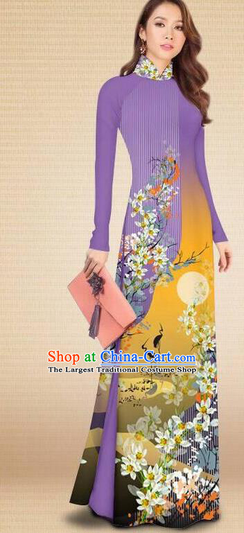 Asian Vietnam Classical Printing Crane Flowers Lilac Cheongsam Traditional Vietnamese Costumes Women Ao Dai Qipao Dress and Pants