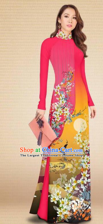 Asian Vietnam Classical Printing Crane Flowers Rosy Cheongsam Traditional Vietnamese Costumes Women Ao Dai Qipao Dress and Pants