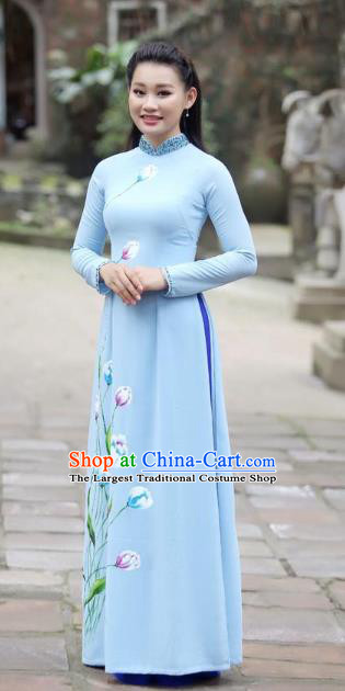 Asian Vietnam Classical Hand Painting Tulip Cheongsam Traditional Vietnamese Costumes Women Blue Ao Dai Qipao Dress and Pants