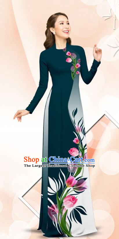 Asian Traditional Vietnamese Classical Printing Tulip Navy Ao Dai Qipao Dress and Loose Pants Vietnam Women Cheongsam Costumes