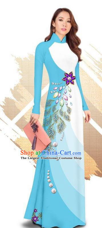 Traditional Vietnamese Classical Light Blue Ao Dai Qipao Dress and Loose Pants Asian Vietnam Women Cheongsam Costumes