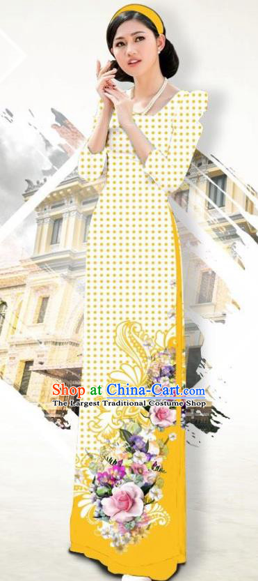 Traditional Vietnamese Civilian Female Ao Dai Qipao Dress and Yellow Pants Asian Vietnam Cheongsam Classical Costumes