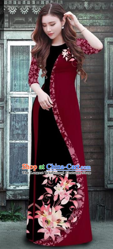 Traditional Vietnamese Printing Wine Red Ao Dai Qipao Dress and Pants Asian Vietnam Cheongsam Classical Costumes