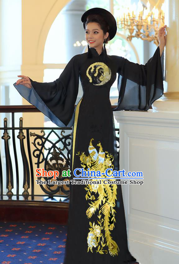 Traditional Vietnamese Phoenix Pattern Black Ao Dai Qipao Dress