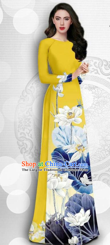 Asian Vietnam Court Female Classical Cheongsam Traditional Vietnamese Costumes Printing Lotus Yellow Ao Dai Qipao Dress and Loose Pants