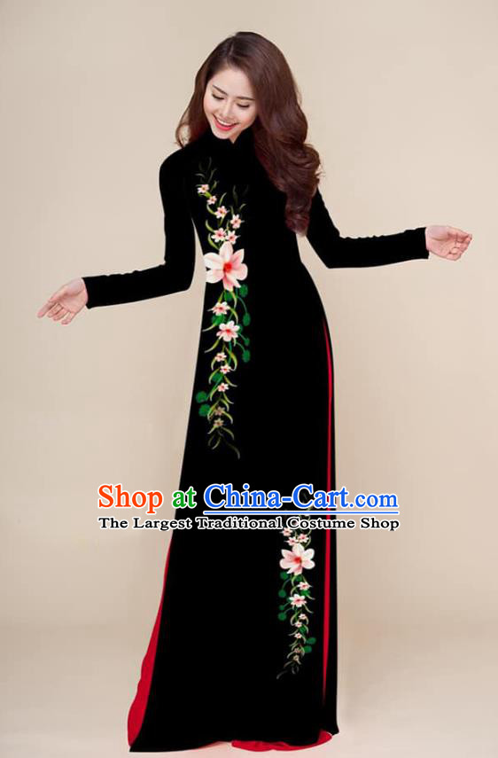 Traditional Vietnamese Hand Painting Black Ao Dai Qipao Dress and Pants Asian Vietnam Classical Cheongsam Female Costumes