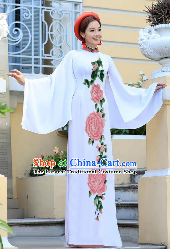 Traditional Vietnamese Printing Peony Ao Dai Qipao Dress and Pants Asian Vietnam Classical Court White Cheongsam Costumes