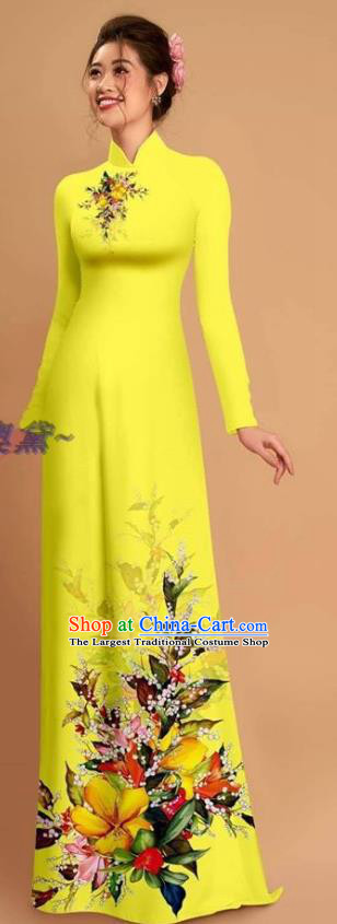 Traditional Vietnamese Bride Yellow Ao Dai Qipao Dress and Pants Asian Vietnam Classical Printing Flowers Cheongsam Costumes