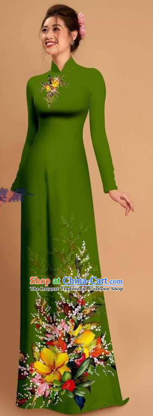 Traditional Vietnamese Bride Green Ao Dai Qipao Dress and Pants Asian Vietnam Classical Printing Flowers Cheongsam Costumes