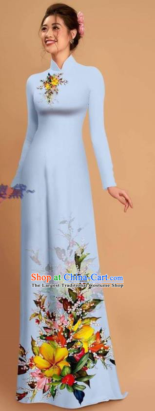 Traditional Vietnamese Bride Light Blue Ao Dai Qipao Dress and Pants Asian Vietnam Classical Printing Flowers Cheongsam Costumes