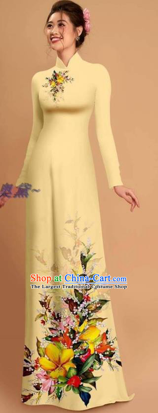 Traditional Vietnamese Bride Beige Ao Dai Qipao Dress and Pants Asian Vietnam Classical Printing Flowers Cheongsam Costumes