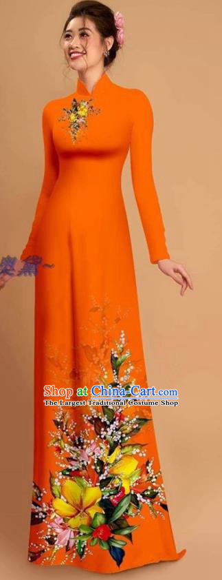 Traditional Vietnamese Bride Orange Ao Dai Qipao Dress and Pants Asian Vietnam Classical Printing Flowers Cheongsam Costumes