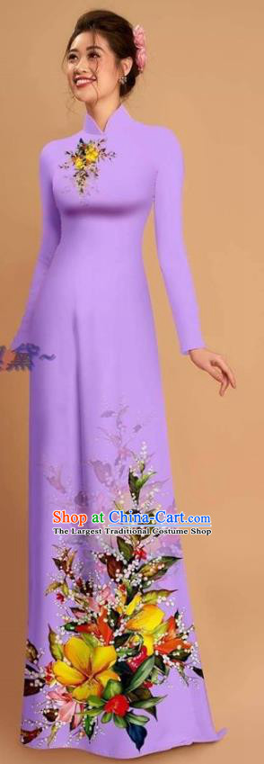 Traditional Vietnamese Bride Violet Ao Dai Qipao Dress and Pants Asian Vietnam Classical Printing Flowers Cheongsam Costumes