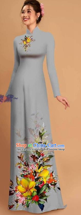 Traditional Vietnamese Bride Grey Ao Dai Qipao Dress and Pants Asian Vietnam Classical Printing Flowers Cheongsam Costumes