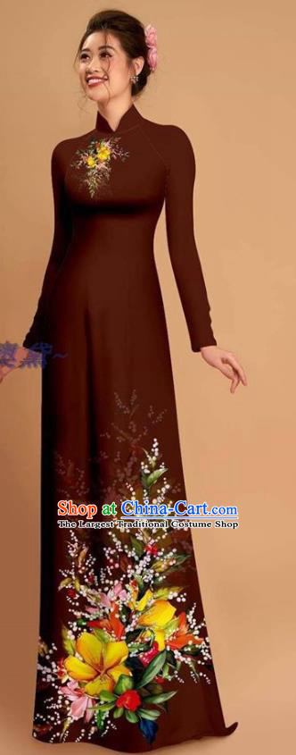 Traditional Vietnamese Bride Maroon Ao Dai Qipao Dress and Pants Asian Vietnam Classical Printing Flowers Cheongsam Costumes