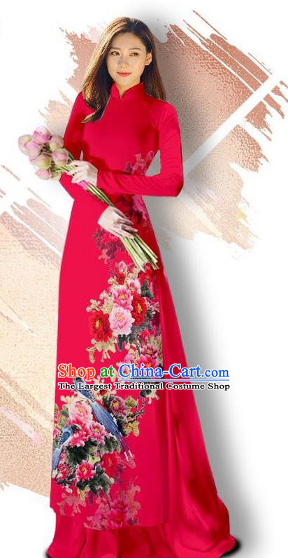 Asian Vietnam Classical Court Cheongsam Traditional Vietnamese Printing Peony Bird Red Ao Dai Qipao Dress and Loose Pants Women Costumes