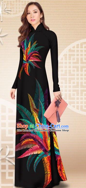 Asian Vietnam Female Classical Black Cheongsam Costumes Traditional Vietnamese Printing Petard Pattern Ao Dai Qipao Dress and Loose Pants