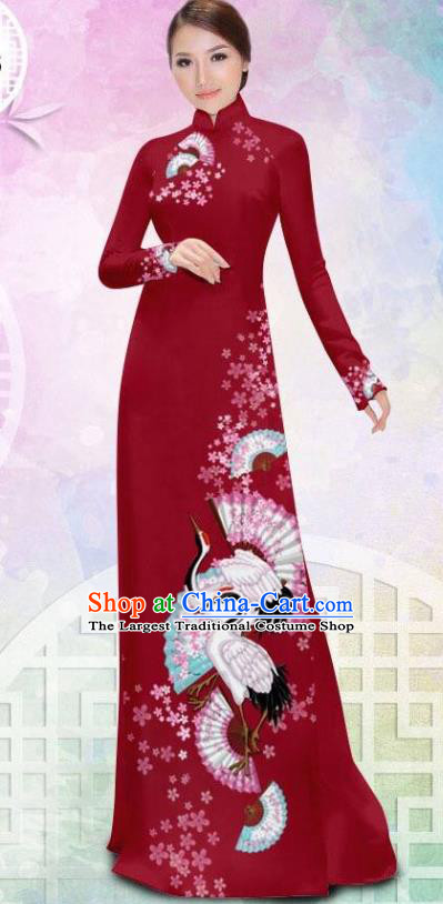 Asian Vietnam Printing Crane Wine Red Cheongsam Costumes Traditional Vietnamese Classical Ao Dai Qipao Dress and Loose Pants