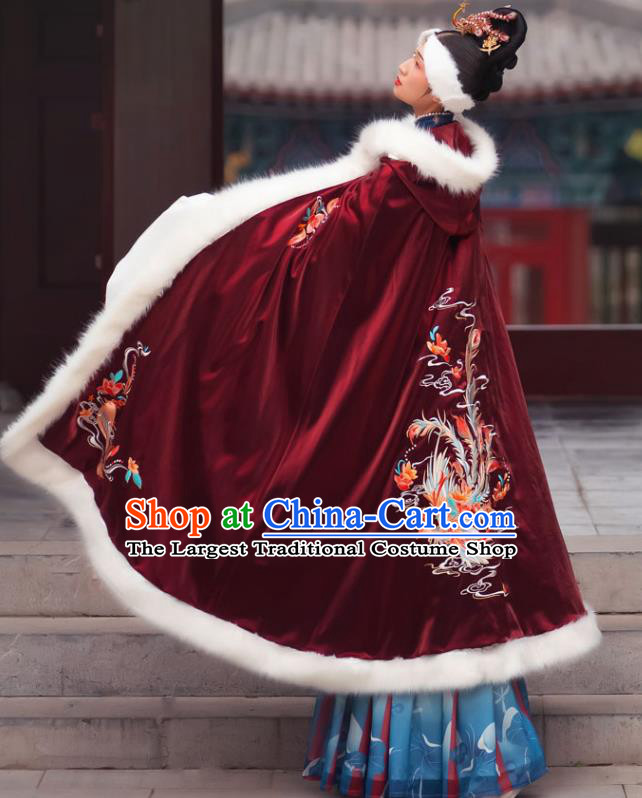 Chinese Ming Dynasty Countess Historical Costumes Traditional Ancient Noble Women Hanfu Apparels Embroidered Wine Red Wool Cape