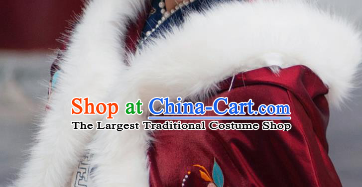 Chinese Ming Dynasty Countess Historical Costumes Traditional Ancient Noble Women Hanfu Apparels Embroidered Wine Red Wool Cape