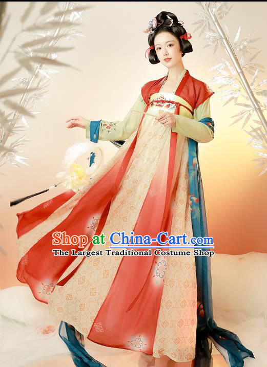 Chinese Tang Dynasty Historical Costumes Traditional Hanfu Apparels Ancient Princess Embroidered Top Blouse and Dress for Women