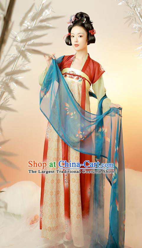 Chinese Tang Dynasty Historical Costumes Traditional Hanfu Apparels Ancient Princess Embroidered Top Blouse and Dress for Women