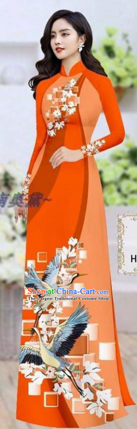 Traditional Vietnamese Printing Magnolia Crane Jacinth Ao Dai Qipao Dress and Pants Asian Vietnam Stage Show Cheongsam Costumes