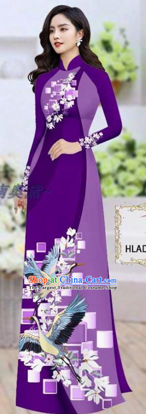 Traditional Vietnamese Printing Magnolia Crane Purple Ao Dai Qipao Dress and Pants Asian Vietnam Stage Show Cheongsam Costumes