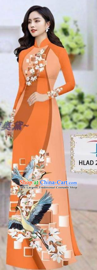 Traditional Vietnamese Printing Magnolia Crane Orange Ao Dai Qipao Dress and Pants Asian Vietnam Stage Show Cheongsam Costumes