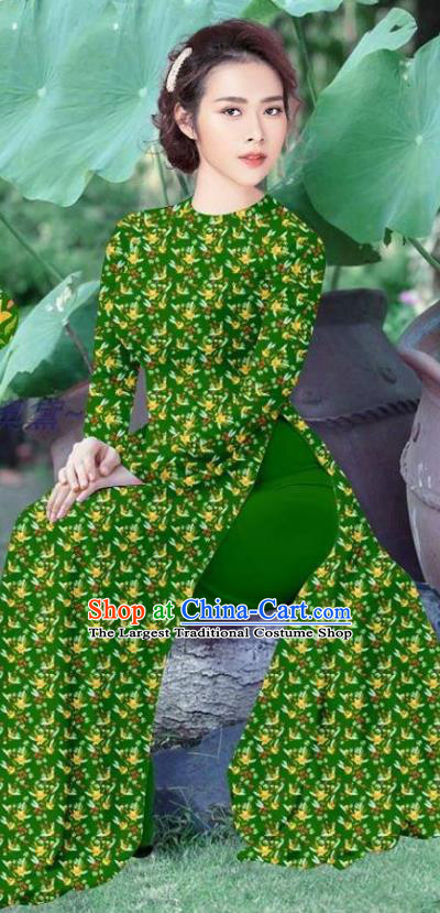 Traditional Custom Vietnamese Deep Green Ao Dai Qipao Dress and Pants Asian Vietnam Stage Show Cheongsam Female Costumes