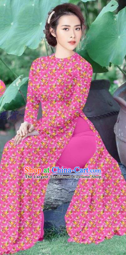 Vietnamese Pink Ao Dai Dress Custom Traditional Pink Qipao and Pants Asian Vietnam Cheongsam Uniforms Women Costume