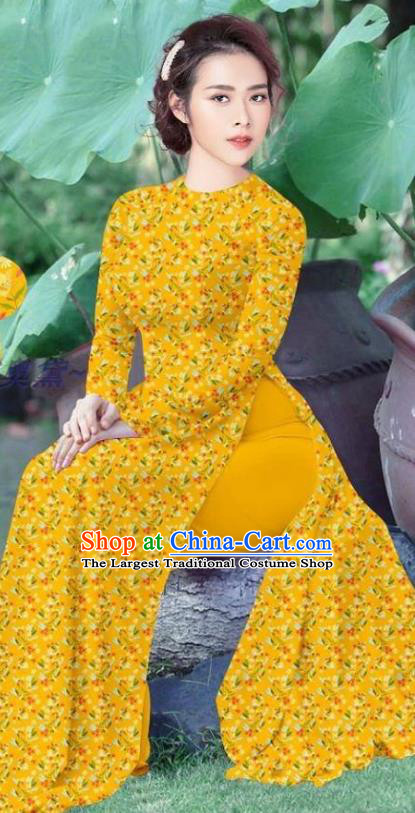 Vietnamese Women Yellow Qipao and Pants Uniforms Traditional Ao Dai Dress Asian Vietnam Custom Cheongsam Costume
