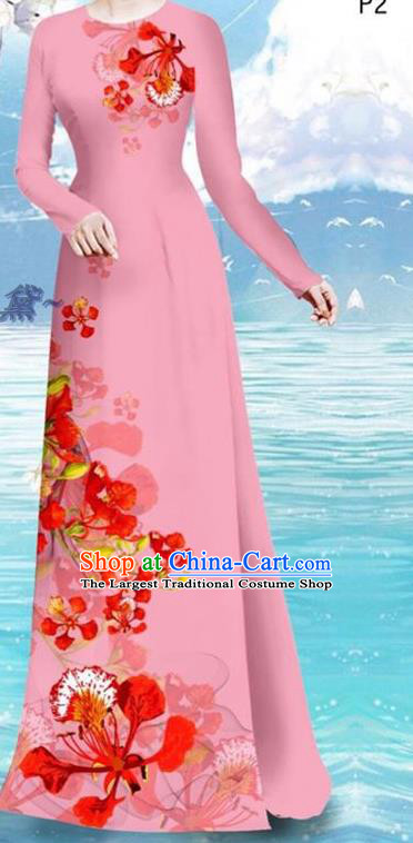 Asian Vietnamese Printing Cockscomb Pattern Pink Cheongsam Custom Qipao and Pants Uniforms Vietnam Traditional Female Ao Dai Dress Costume