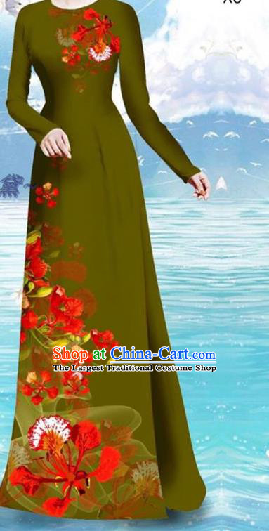 Army Green Asian Vietnamese Cheongsam Custom Qipao and Pants Uniforms Vietnam Women Ao Dai Dress Traditional Printing Cockscomb Pattern Costume