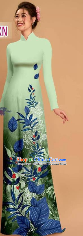 Custom Vietnamese Printing Qipao with Pants Uniforms Vietnam Traditional Ao Dai Dress Asian Light Green Costume