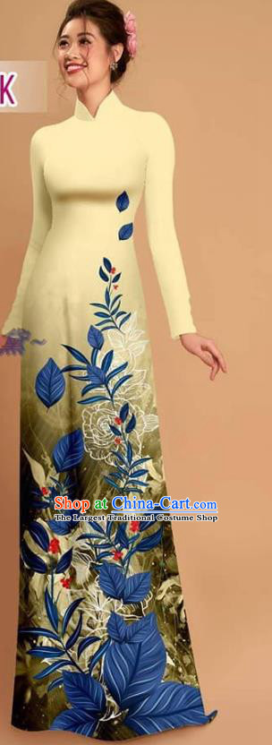 Traditional Asian Vietnam Printing Beige Qipao with Pants Ao Dai Dress Vietnamese Custom Uniforms Costume