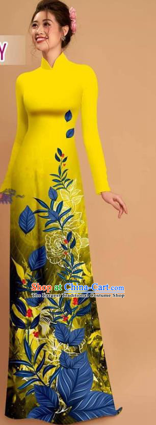 Custom Vietnamese Yellow Uniforms Asian Vietnam Ao Dai Dress Traditional Printing Qipao with Pants Costume
