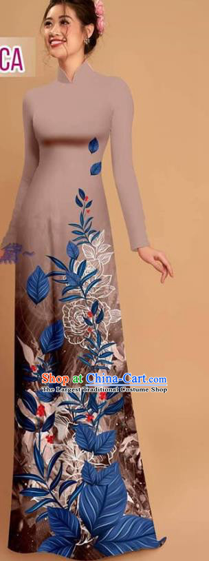 Custom Vietnamese Printing Brown Qipao with Pants Uniforms Asian Vietnam Traditional Costume Ao Dai Dress