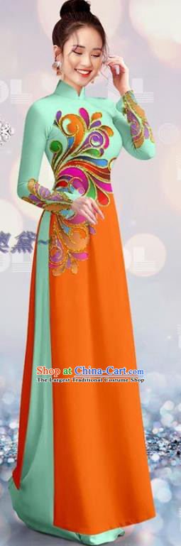 Custom Asian Orange and Green Cheongsam Traditional Vietnamese Bride Ao Dai Uniforms Qipao Dress with Pants Vietnam Costume