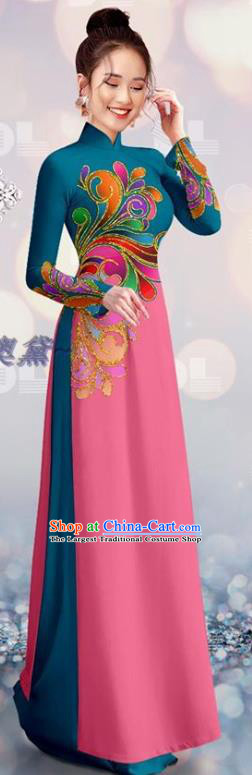 Vietnam Qipao Dress with Pants Costume Custom Navy and Pink Cheongsam Asian Traditional Vietnamese Bride Ao Dai Uniforms