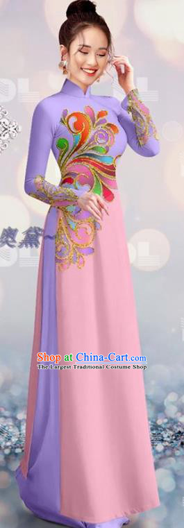 Custom Lilac and Pink Cheongsam Costume Asian Traditional Vietnamese Bride Ao Dai Uniforms Vietnam Qipao Dress with Pants