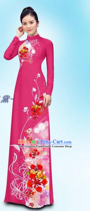 Asian Vietnam Rosy Qipao Dress Traditional Vietnamese Woman Clothing Custom Ao Dai Cheongsam and Pants Uniforms