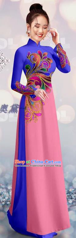 Asian Vietnamese Custom Costume Traditional Bride Ao Dai Uniforms Vietnam Royalblue and Pink Cheongsam Qipao Dress with Pants