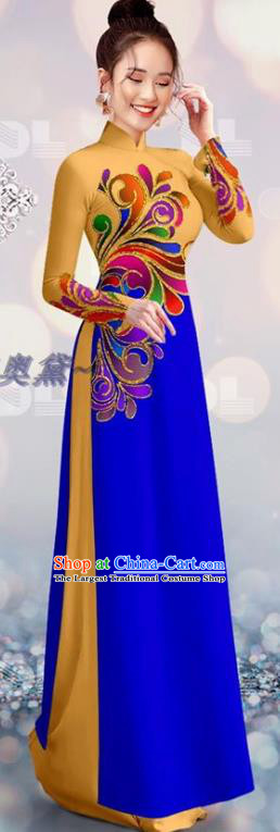 Vietnam Yellow and Royalblue Cheongsam Asian Vietnamese Custom Costume Traditional Bride Ao Dai Qipao Dress with Pants Uniforms