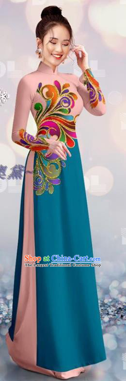 Vietnam Custom Costume Cheongsam Asian Vietnamese Pink and Navy Ao Dai Qipao Dress with Pants Traditional Bride Uniforms