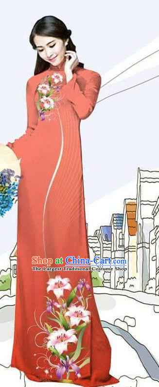 Custom Asian Vietnam Traditional Bride Long Dress with Pants Printing Lily Flowers Ao Dai Costume Vietnamese Jacinth Cheongsam Uniforms
