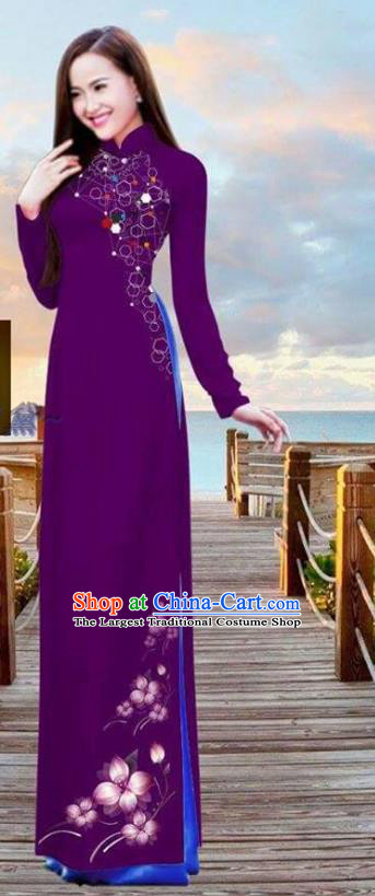 Vietnamese Custom Ao Dai Costume Asian Vietnam Peach Blossom Pattern Design Deep Purple Dress Traditional Bride Cheongsam with Pants Uniforms