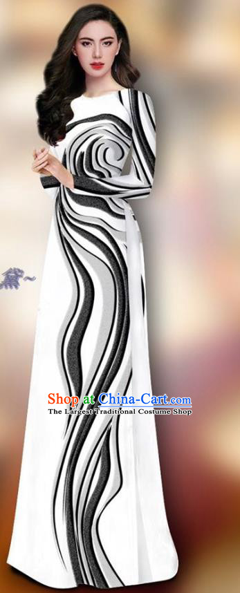 Traditional Vietnamese White Cheongsam and Pants Vietnam Female Dress Custom Uniforms Asian Ao Dai Clothing