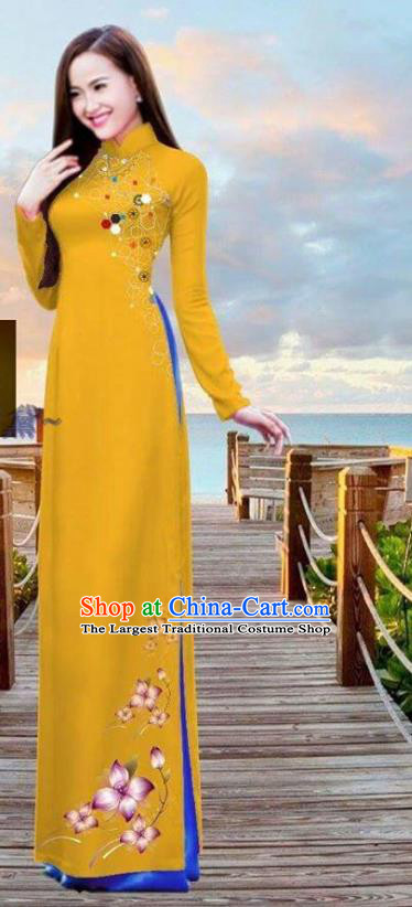 Vietnamese Custom Yellow Ao Dai Costume Asian Vietnam Cheongsam Uniforms Traditional Bride Long Dress with Pants